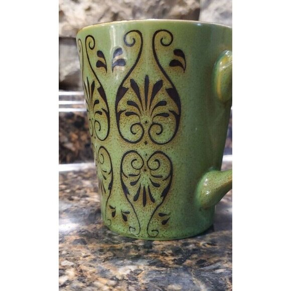 2 Beautiful Green & Tan designed Coffee Mug ,Tea Cup Hot Chocolate - Picture 6 of 7